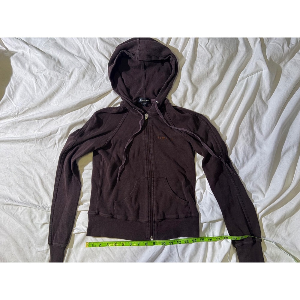Bebe Brown Rhinestone Logo Zip Up Hoodie Y2K Made in USA Medium T08-18
